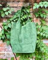 Moss GREEN leather shopper bag in genuine natural suede. Slouchy green carry all tote bag for laptop, tablet, books. Green suede purse