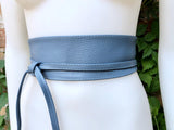 Blue - gray leather waist belt. Wide wrap belt in BLUE. Genuine leather. Denim blue leather obi belt. Blue wraparound belt