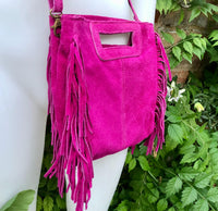 FUCHSIA crossbody fringed bag. Hot pink BOHO suede leather bag with FRINGES. Magenta soft genuine suede leather. Hot pink suede purse.