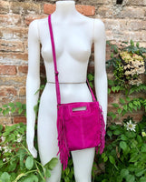 FUCHSIA crossbody fringed bag. Hot pink BOHO suede leather bag with FRINGES. Magenta soft genuine suede leather. Hot pink suede purse.