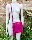 FUCHSIA crossbody fringed bag. Hot pink BOHO suede leather bag with FRINGES. Magenta soft genuine suede leather. Hot pink suede purse.