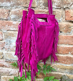 FUCHSIA crossbody fringed bag. Hot pink BOHO suede leather bag with FRINGES. Magenta soft genuine suede leather. Hot pink suede purse.