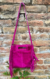 FUCHSIA crossbody fringed bag. Hot pink BOHO suede leather bag with FRINGES. Magenta soft genuine suede leather. Hot pink suede purse.