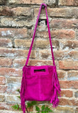 FUCHSIA crossbody fringed bag. Hot pink BOHO suede leather bag with FRINGES. Magenta soft genuine suede leather. Hot pink suede purse.