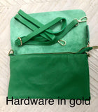 Small leather bag in green. Cross body or shoulder bag in GENUINE leather. Green leather bag with adjustable strap, zipper and flap.