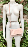 Small light dusty pink bag. Pink crossbody/ shoulder bag in GENUINE leather. Adjustable strap , zipper + flap. Light dusty pink purse