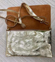 Small leather bag in GOLD. Cross body bag, shoulder bag in GENUINE leather. Metallic shine bag with adjustable strap, zipper and flap.