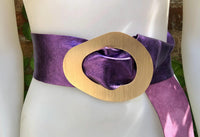 PURPLE metallic leather waist belt with gold color large buckle. Boho glitter genuine soft leather belt. Purple wide dress belt.