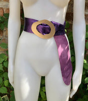 PURPLE metallic leather waist belt with gold color large buckle. Boho glitter genuine soft leather belt. Purple wide dress belt.