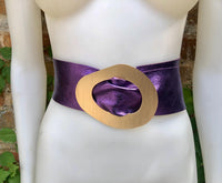 PURPLE metallic leather waist belt with gold color large buckle. Boho glitter genuine soft leather belt. Purple wide dress belt.