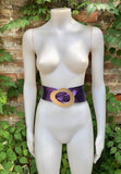 PURPLE metallic leather waist belt with gold color large buckle. Boho glitter genuine soft leather belt. Purple wide dress belt.