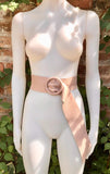 Pink leather waist belt with large round buckle. Soft leather belt in light pink. Genuine leather pink dress belt. Pink wide waist belt