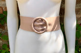 Pink leather waist belt with large round buckle. Soft leather belt in light pink. Genuine leather pink dress belt. Pink wide waist belt