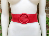 RED leather waist belt with large round buckle. Soft leather belt in RED. Genuine leather bright RED dress belt. Red wide waist belt