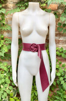 BURGUNDY leather waist belt with large round buckle. Soft leather belt. Genuine leather terracotta-burgundy dress belt. Wide waist belt