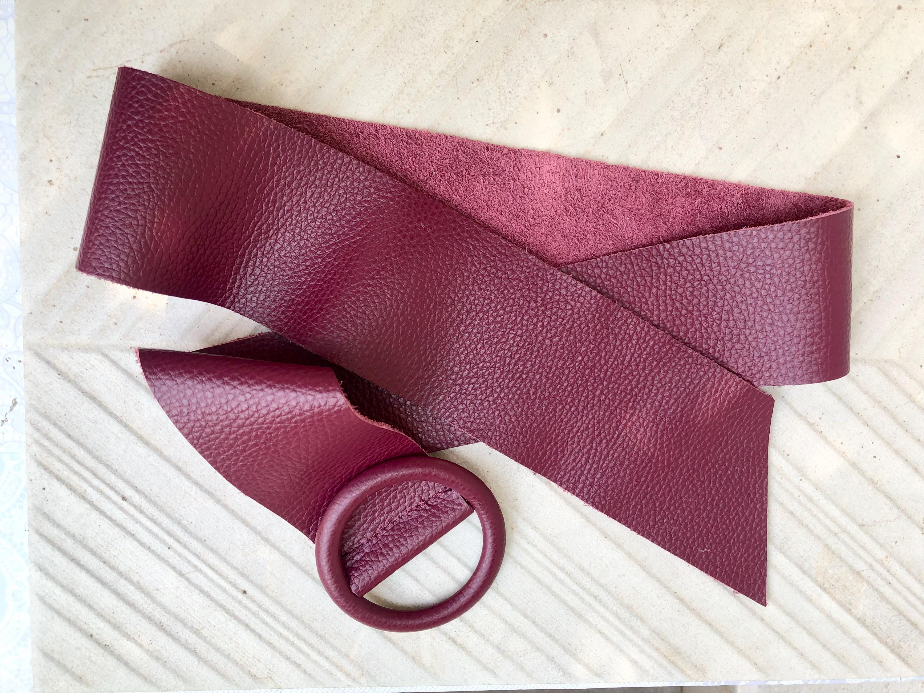 BURGUNDY leather waist belt with large round buckle. Soft leather belt. Genuine leather terracotta-burgundy dress belt. Wide waist belt