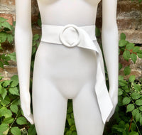 White leather waist belt with large round buckle. Soft leather belt in white. Genuine leather dress belt. White wide waist belt