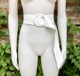 White leather waist belt with large round buckle. Soft leather belt in white. Genuine leather dress belt. White wide waist belt