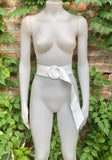 White leather waist belt with large round buckle. Soft leather belt in white. Genuine leather dress belt. White wide waist belt