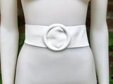 White leather waist belt with large round buckle. Soft leather belt in white. Genuine leather dress belt. White wide waist belt