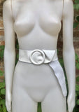 White leather waist belt with large round buckle. Soft leather belt in white. Genuine leather dress belt. White wide waist belt