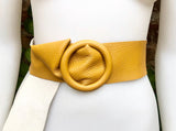 Yellow leather waist belt with large round buckle. Soft leather belt in mustard. Genuine leather dress belt. Mustard yellow wide waist belt