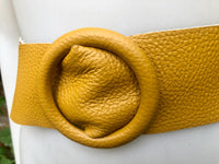 Yellow leather waist belt with large round buckle. Soft leather belt in mustard. Genuine leather dress belt. Mustard yellow wide waist belt