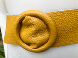 Yellow leather waist belt with large round buckle. Soft leather belt in mustard. Genuine leather dress belt. Mustard yellow wide waist belt