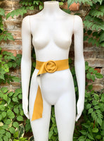 Yellow leather waist belt with large round buckle. Soft leather belt in mustard. Genuine leather dress belt. Mustard yellow wide waist belt