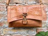 Small cross body bag in camel brown “distressed” vintage style genuine leather. Enveloppe bag with adjustable strap and flap. Boho purse