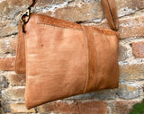 Small cross body bag in camel brown “distressed” vintage style genuine leather. Enveloppe bag with adjustable strap and flap. Boho purse