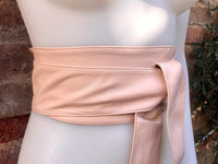 Light PINK obi belt. Soft genuine glitter leather wrap belt. Wraparound waist belt. Wide style. Soft pink dress belt in metallic leather.