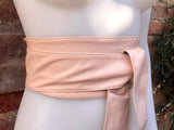 Light PINK obi belt. Soft genuine glitter leather wrap belt. Wraparound waist belt. Wide style. Soft pink dress belt in metallic leather.