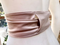 Light PINK obi belt. Soft genuine glitter leather wrap belt. Wraparound waist belt. Wide style. Soft pink dress belt in metallic leather.