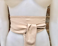 Light beige obi belt. Wrap belt in soft genuine leather. Wraparound waist belt. Wide style. Boho dress belt in soft peach beige leather