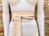 Light beige obi belt. Wrap belt in soft genuine leather. Wraparound waist belt. Wide style. Boho dress belt in soft peach beige leather