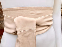 Light beige obi belt. Wrap belt in soft genuine leather. Wraparound waist belt. Wide style. Boho dress belt in soft peach beige leather