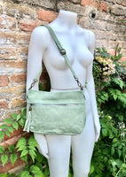 BOHO suede leather bag in light GREEN. Mint crossbody bag, leather bag, boho bag, messenger suede bag. Soft natural leather bag with tassel