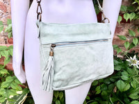 BOHO suede leather bag in light GREEN. Mint crossbody bag, leather bag, boho bag, messenger suede bag. Soft natural leather bag with tassel