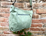 BOHO suede leather bag in light GREEN. Mint crossbody bag, leather bag, boho bag, messenger suede bag. Soft natural leather bag with tassel