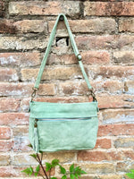 BOHO suede leather bag in light GREEN. Mint crossbody bag, leather bag, boho bag, messenger suede bag. Soft natural leather bag with tassel