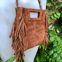 Dark camel brown crossbody fringed bag. BOHO suede leather bag with FRINGES. Tobacco brown genuine suede leather. Rusty brown suede purse.