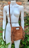 Camel brown crossbody fringed bag. BOHO suede leather bag with FRINGES. Tobacco brown genuine suede leather. Rusty brown suede purse.