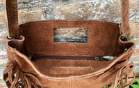 Camel brown crossbody fringed bag. BOHO suede leather bag with FRINGES. Tobacco brown genuine suede leather. Rusty brown suede purse.
