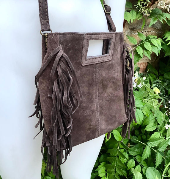 Dark brown crossbody fringed bag. BOHO suede leather bag with FRINGES. Chocolate brown genuine suede leather. Dark brown suede purse.