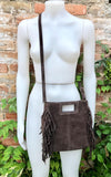 Dark brown crossbody fringed bag. BOHO suede leather bag with FRINGES. Chocolate brown genuine suede leather. Dark brown suede purse.