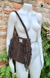 Dark brown crossbody fringed bag. BOHO suede leather bag with FRINGES. Chocolate brown genuine suede leather. Dark brown suede purse.