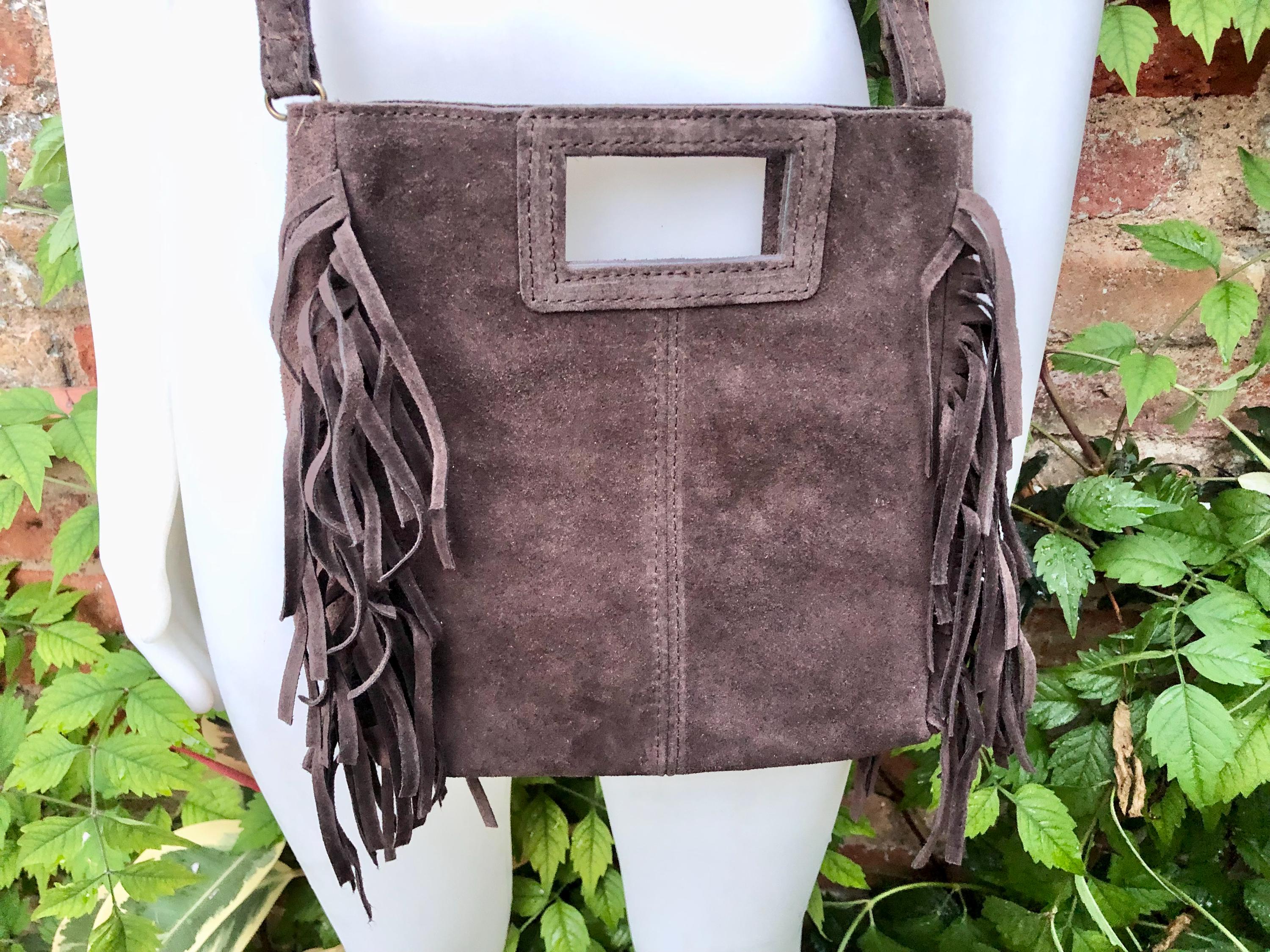 Dark brown crossbody fringed bag. BOHO suede leather bag with FRINGES. Chocolate brown genuine suede leather. Dark brown suede purse.