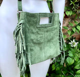 Moss green crossbody fringed bag. BOHO suede leather bag with FRINGES. Green genuine suede leather. Moss green suede purse.