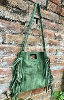 Moss green crossbody fringed bag. BOHO suede leather bag with FRINGES. Green genuine suede leather. Moss green suede purse.